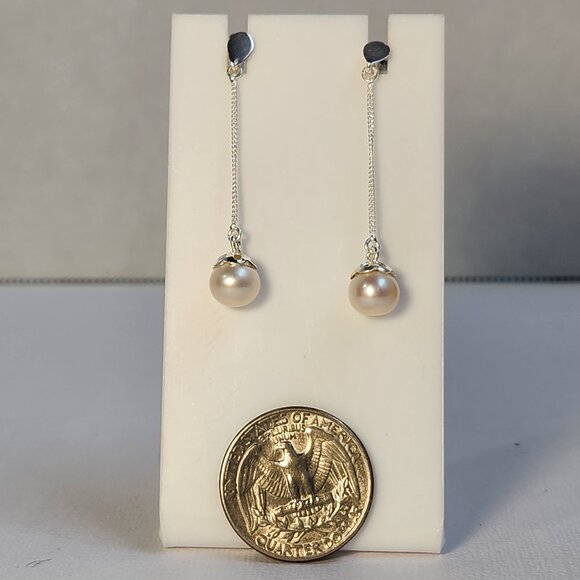 VTG 925 Honora/Tiffany's Style Dangle Drop Pearl Signed Ornate 2" Stud Earrings - Picture 7 of 15